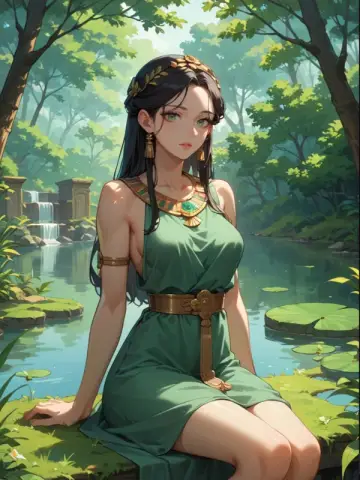 緑のドレスで湖のほとりに座る、アニメ風AIキャラクター「Persephone」